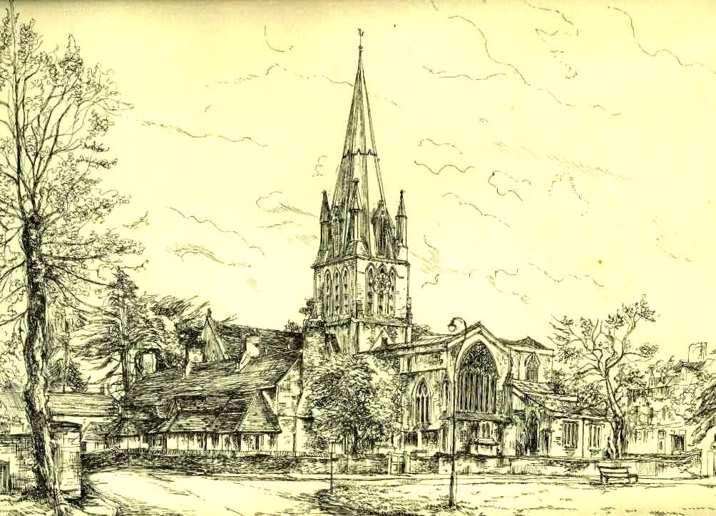 A framed ink drawing showing St Mary’s Parish Church